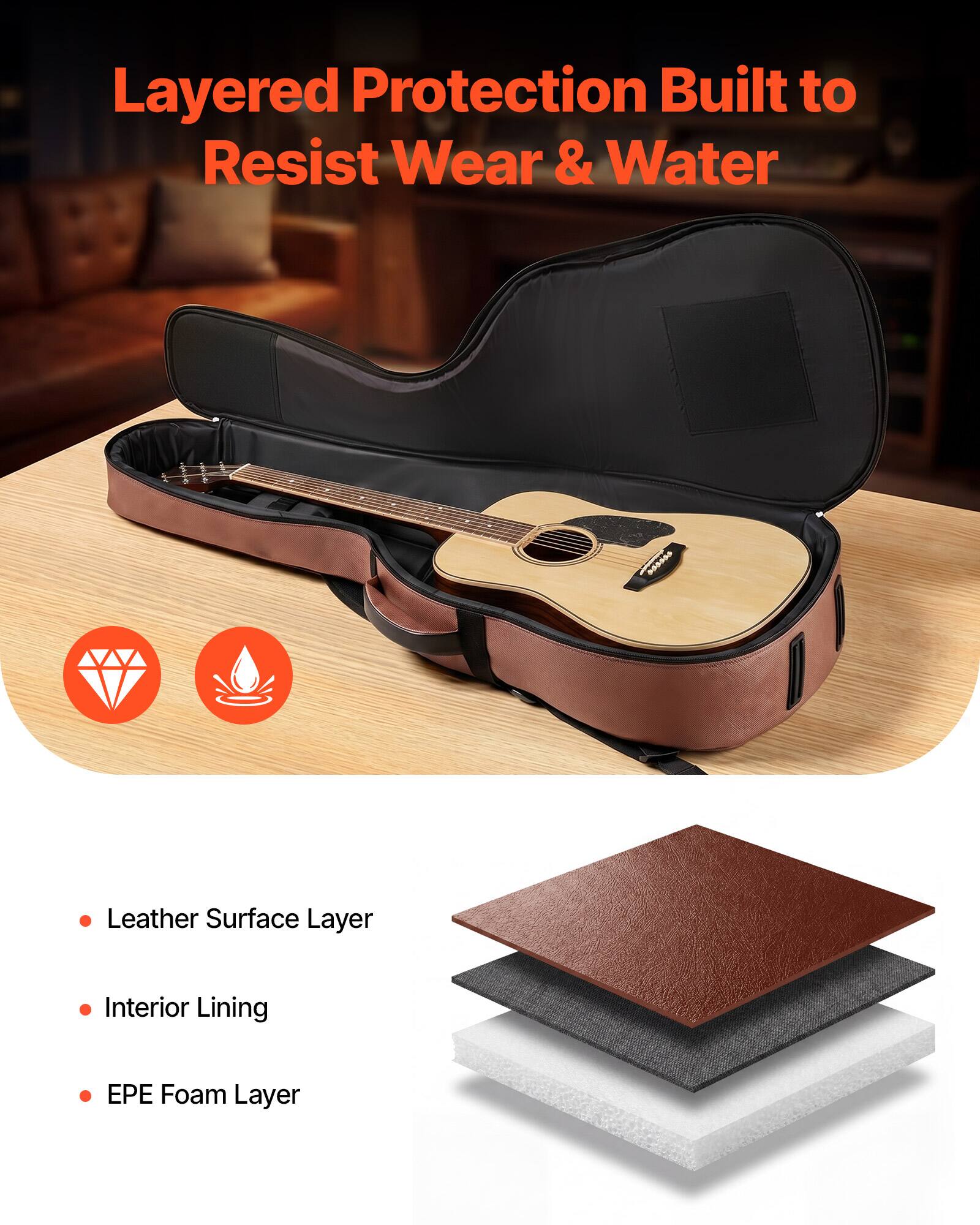 Layered Protection Built to Resist Wear & Water

- Leather Surface Layer
- Interior Lining
- EPE Foam Layer