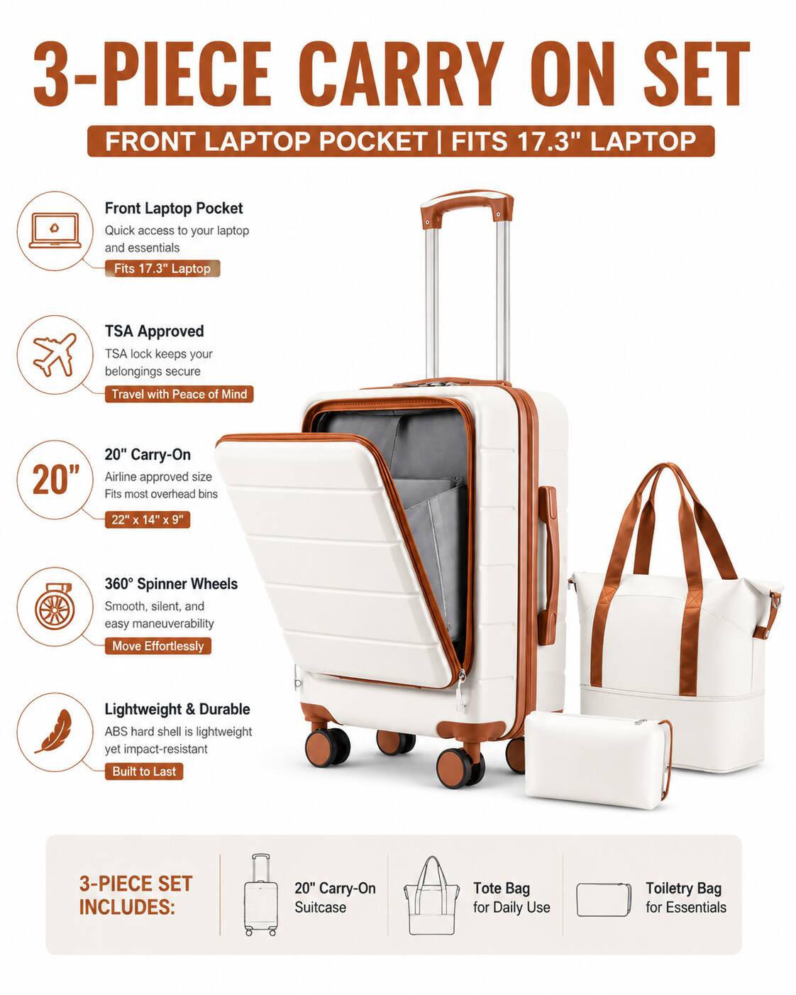 3-PIECE CARRY ON SET FRONT LAPTOP POCKET | FITS 17.3" LAPTOP

Front Laptop Pocket
Quick access to your laptop and essentials
Fits 17.3" Laptop

TSA Approved
TSA lock keeps your belongings secure
Travel with Peace of Mind

20" Carry-On
Airline approved size
Fits most overhead bins
22" x 14" x 9"

360° Spinner Wheels
Smooth, silent, and easy maneuverability
Move Effortlessly

Lightweight & Durable
ABS hard shell is lightweight yet impact-resistant
Built to Last

3-PIECE SET INCLUDES:
20" Carry-On Suitcase
Tote Bag for Daily Use
Toiletry Bag for Essentials