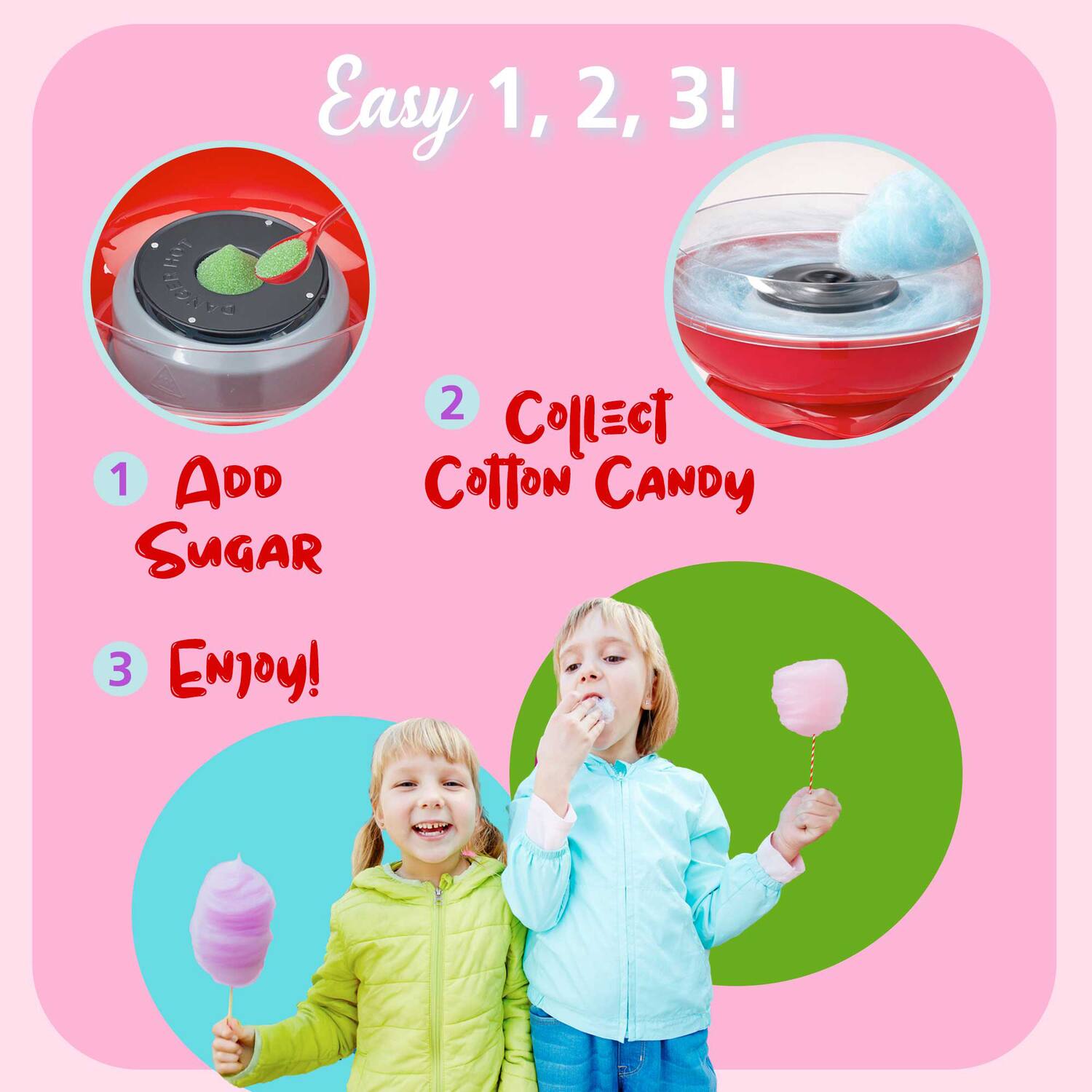 Easy 1, 2, 3!  
1. Add Sugar  
2. Collect Cotton Candy  
3. Enjoy!