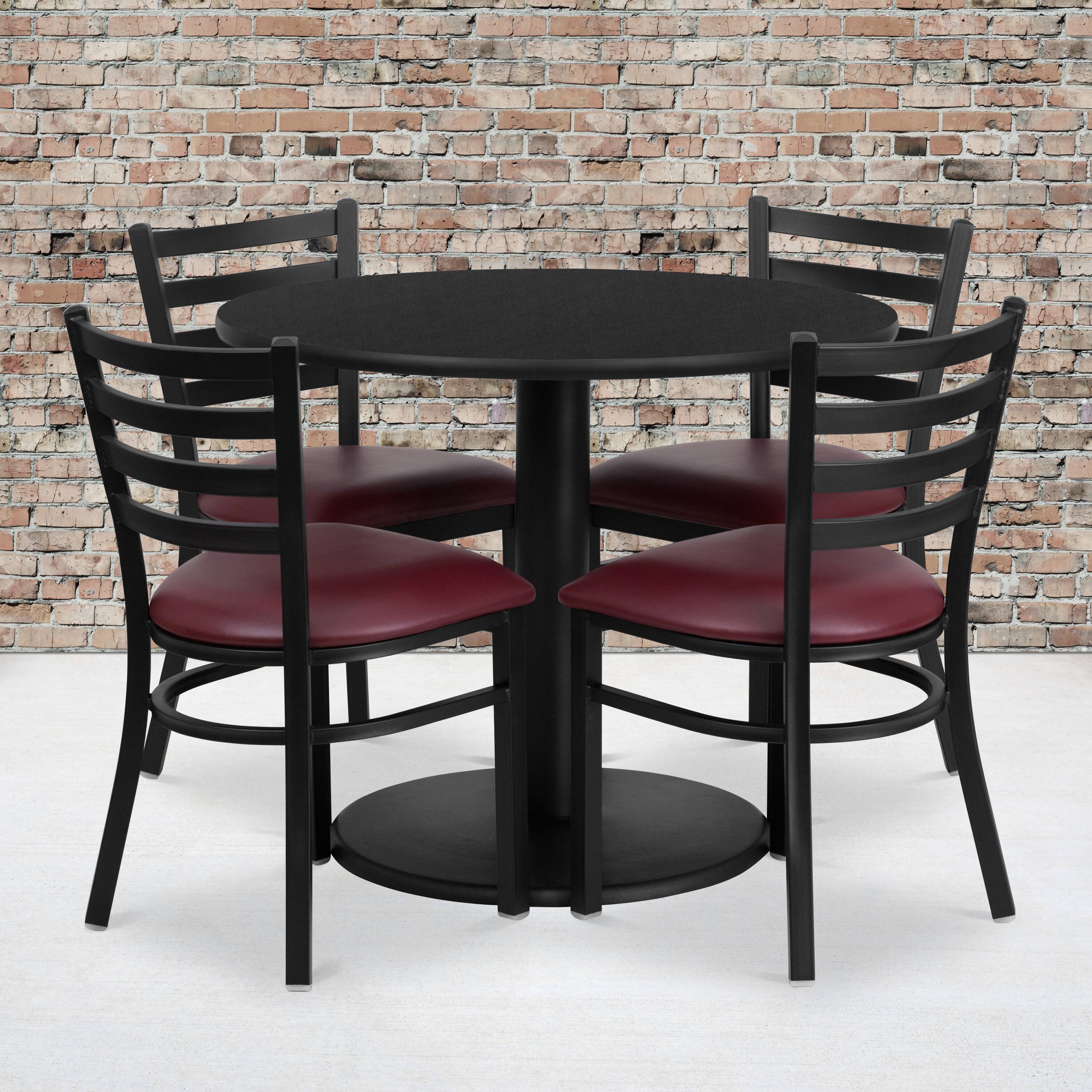 Angle. Flash Furniture - Jamie 36'' Round Black Laminate Table Set with Round Base and 4 Ladder Back Metal Chairs - Burgundy Vinyl Seat - Burgundy.