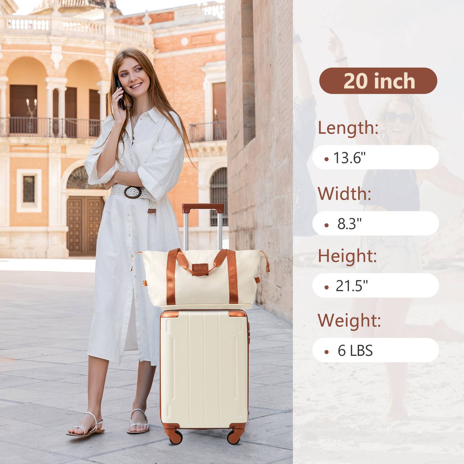 20 inch

Length: 13.6"

Width: 8.3"

Height: 21.5"

Weight: 6 LBS