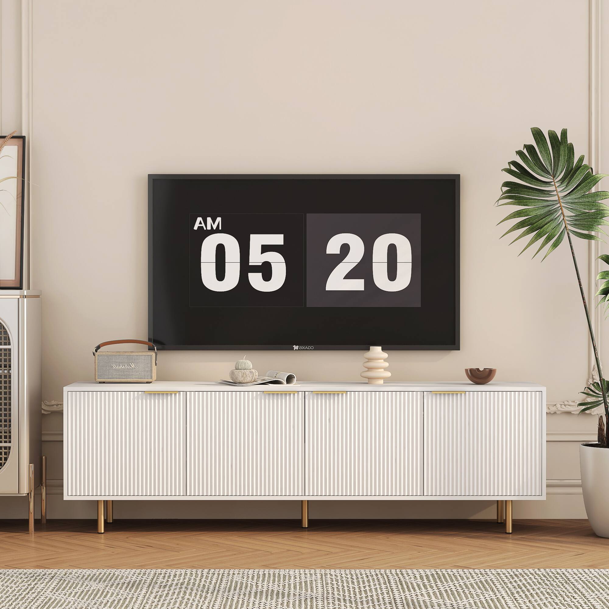 Angle. GOODSILO - 68-Inch Modern Fluted TV Stand with Storage Doors and Media Cabinet for Large Screen Entertainment Centers - White.