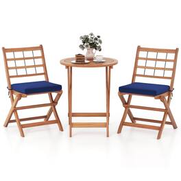Costway - 3 PCS Acacia Wood Patio Bistro Set Folding Outdoor Table and Chairs with Cushions - Navy,Natural