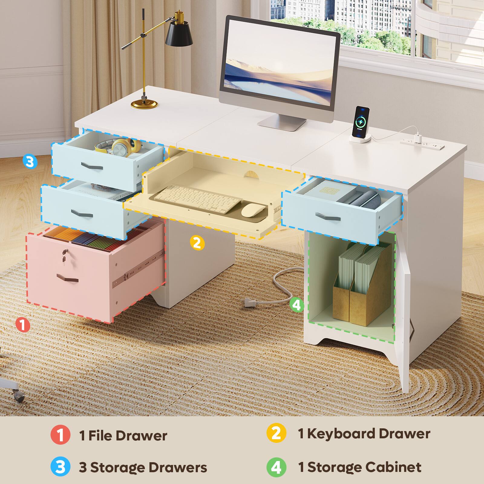 1. 1 File Drawer  
2. 1 Keyboard Drawer  
3. 3 Storage Drawers  
4. 1 Storage Cabinet