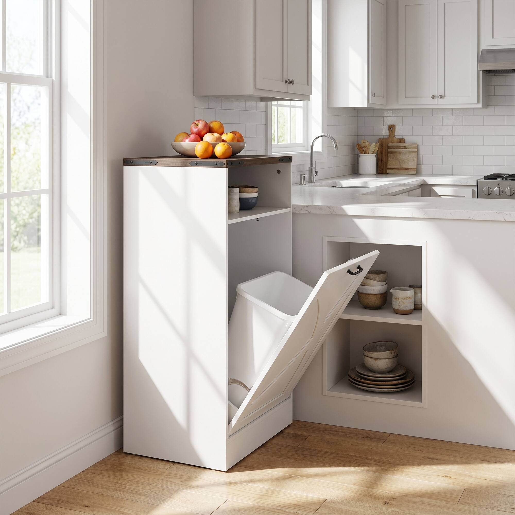 Angle. Ihomeadore - 37.8" H Modern Farmhouse Tilt-Out Trash Cabinet with 13 Gallon Hidden Trash Can Cabinet for Kitchen and Dining Room - White.