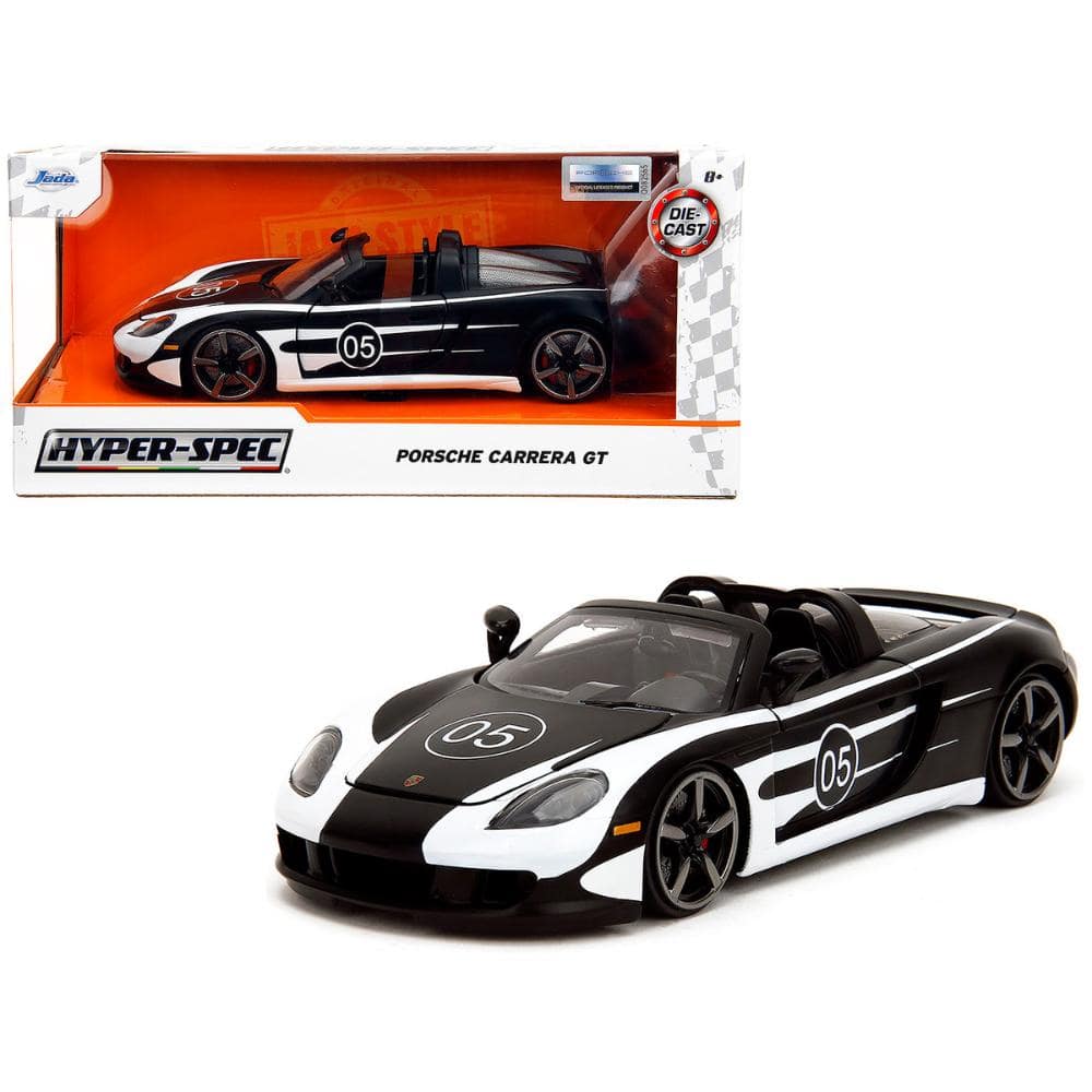 Jada - Porsche Carrera GT Convertible #05 Black with White Graphics "Hyper-Spec" Series 1/24 - Black and White