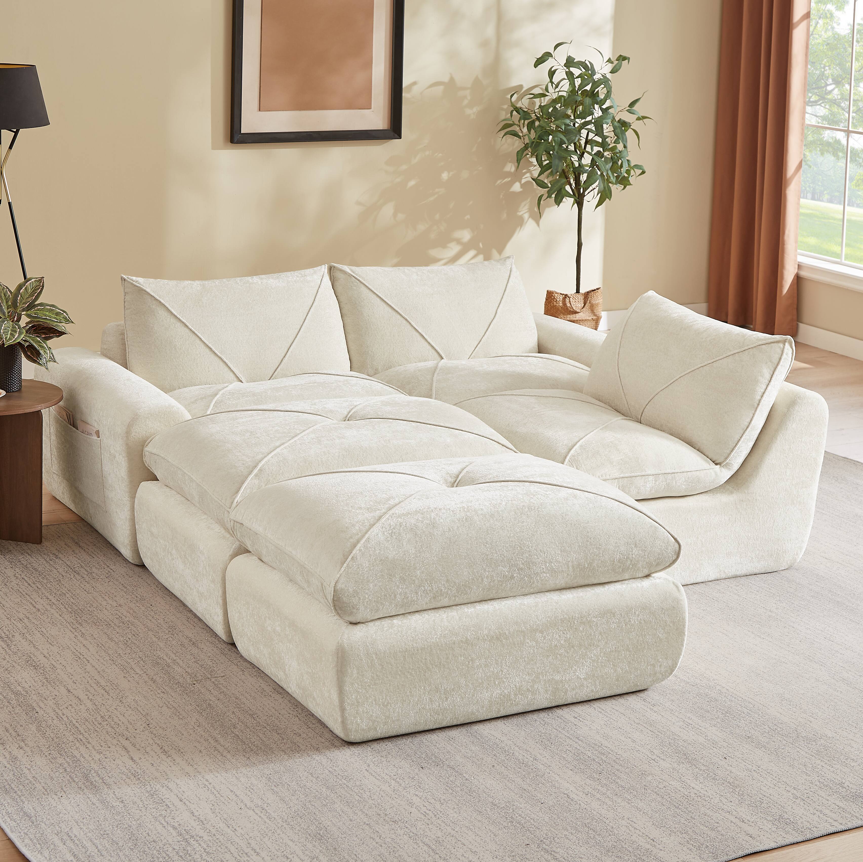 Alt View 2. Loheer - Loheer Modern Minimalist Chenille Sectional Sofa with Ottoman Spacious Living Room Combination Couch - Beige.