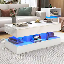 Espafurni - 39.4" Lift Top Coffee Table with LED Lights & Storage High gloss finish App-controlled lighting Multi-room use - White
