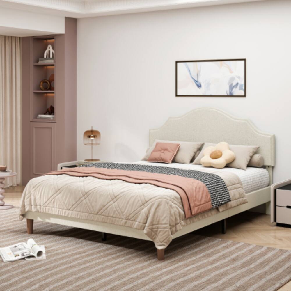 LUCKY ONE - Queen Size Platform Bed with Adjustable Headboard - No Box Spring Needed, 1000 lbs Cap - Beige