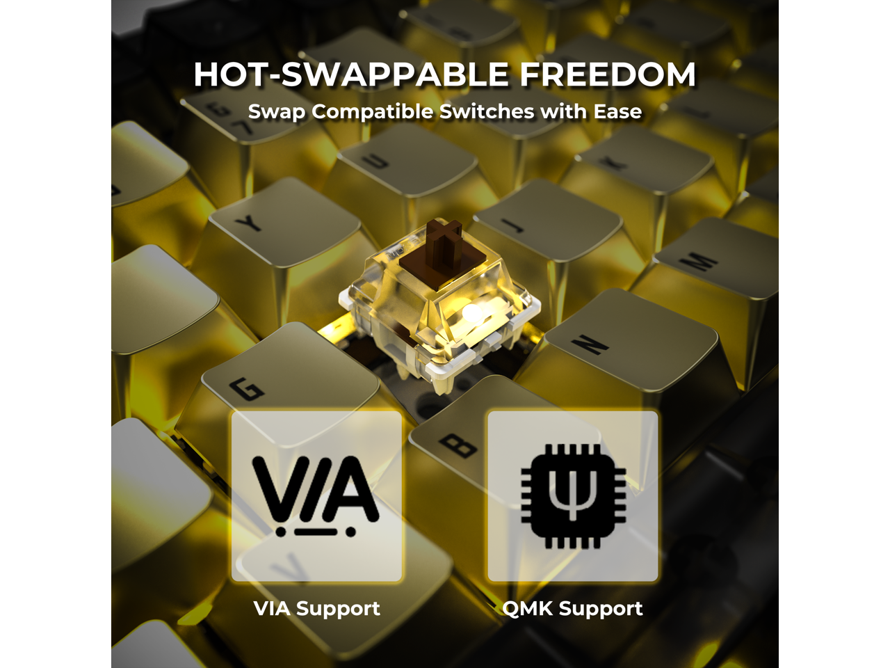 HOT-SWAPPABLE FREEDOM  
Swap Compatible Switches with Ease  

VIA Support  
QMK Support