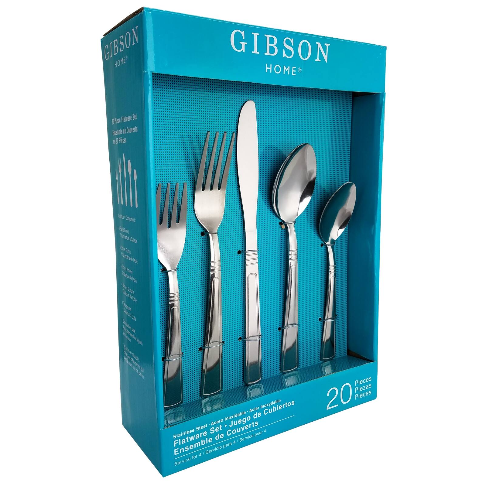 GIBSON HOME

18 Piece Flatware Set  
Garniture de Couverts  
400 Pièces

Stainless Steel - Acero Inoxidable  
Flatware de Service  
Ensemble de Couverts  
Service pour 4 / Servicio para 4

20 Pièces  
Piezas  
Piezas