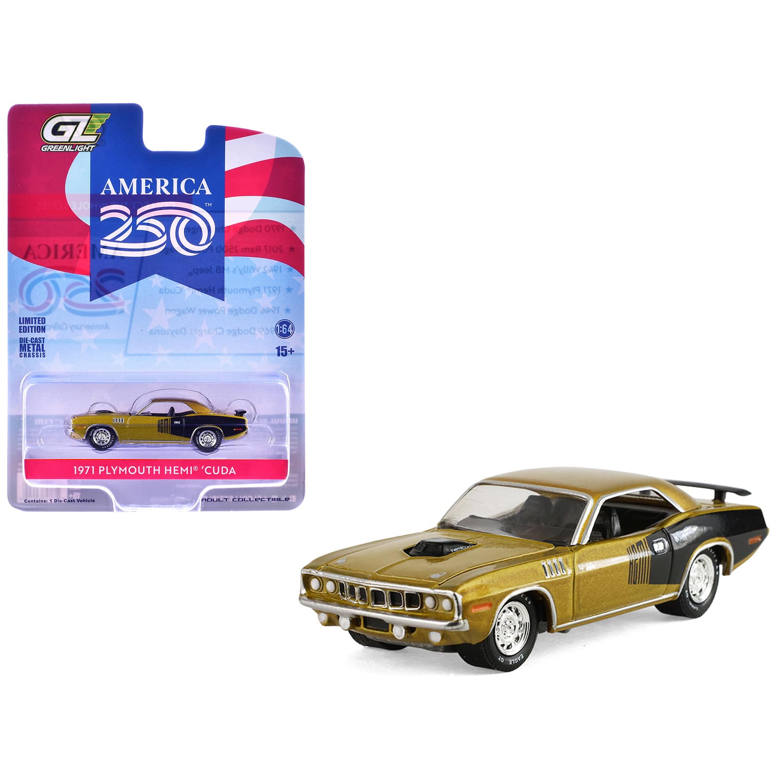 "1971 Plymouth Hemi ‘Cuda Gold Metallic with Black Accents ""America 250 Edition"" 1/64 Diecast Model Car by Greenlight" price history on PriceWatchPro