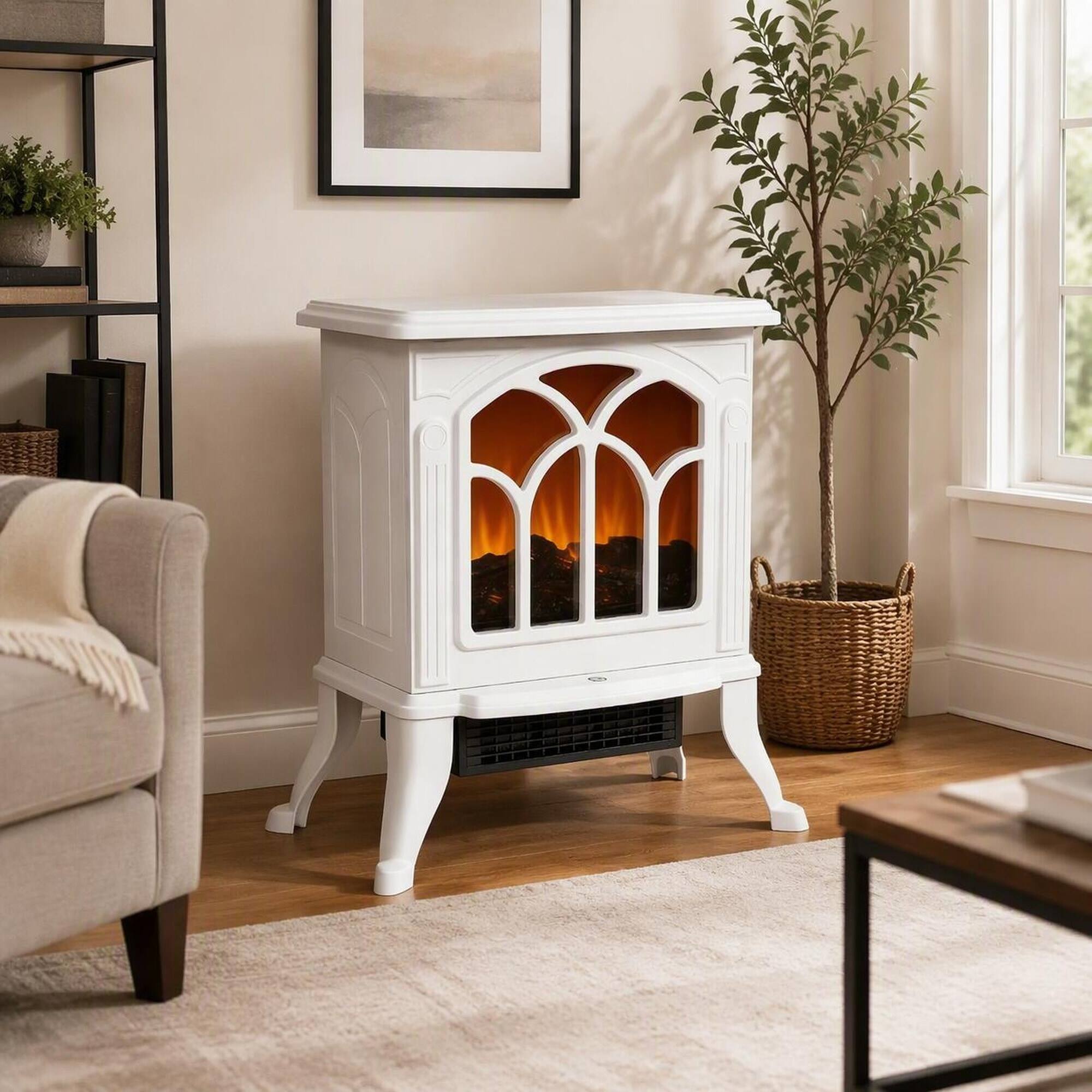 Front. RYHNUYNE - Freestanding Electric Fireplace Stove with Realistic Logs and Flame Effect, 750W/1500W Adjustable Heat, White Finish - White.