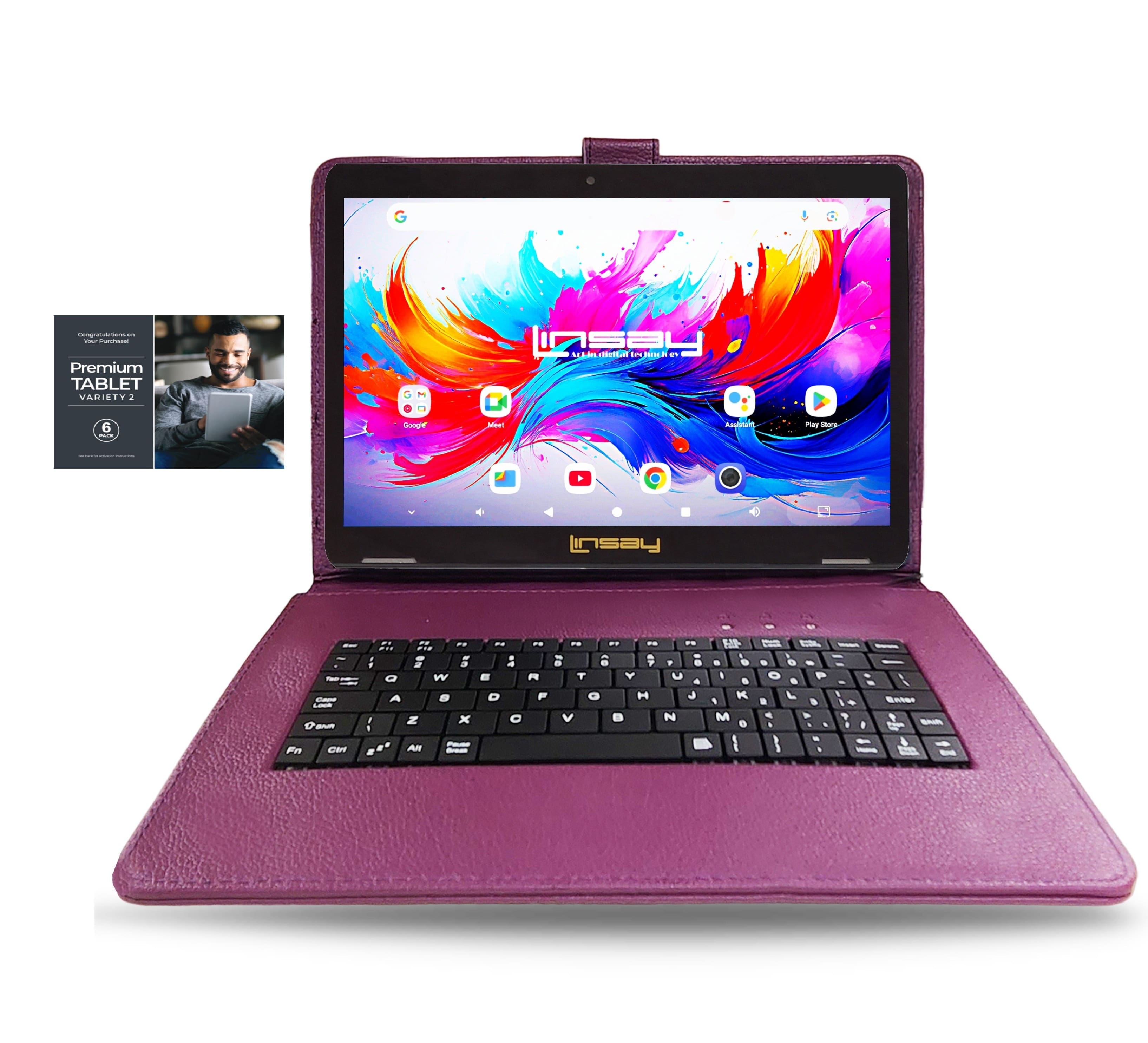 LINSAY - 10.1"Octa Core 256GB Storage Android 15 Tablet with Style Keyboard Premium TABLET Variety Applications - Purple