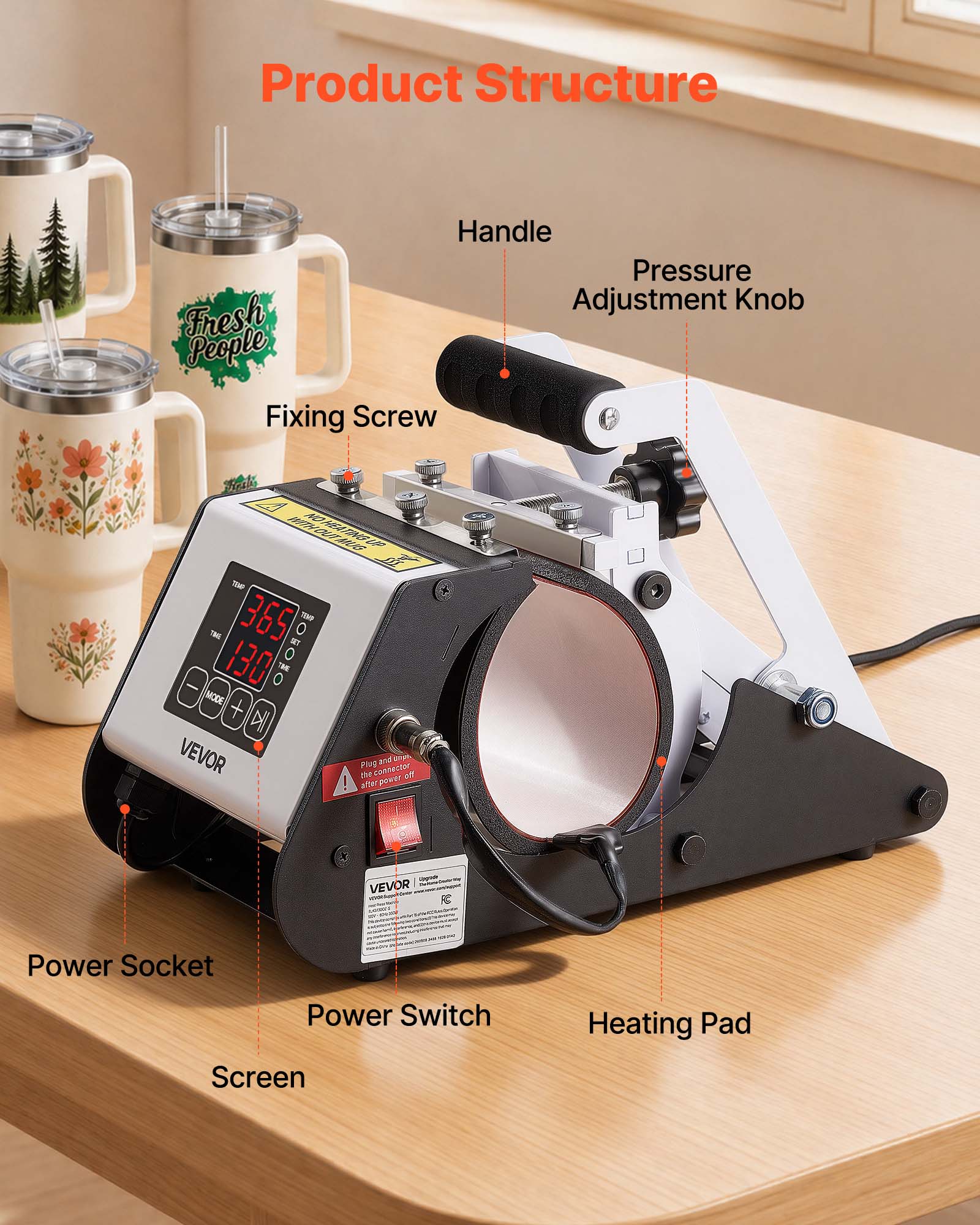 Product Structure

- Handle
- Pressure Adjustment Knob
- Fixing Screw
- Power Socket
- Power Switch
- Screen
- Heating Pad