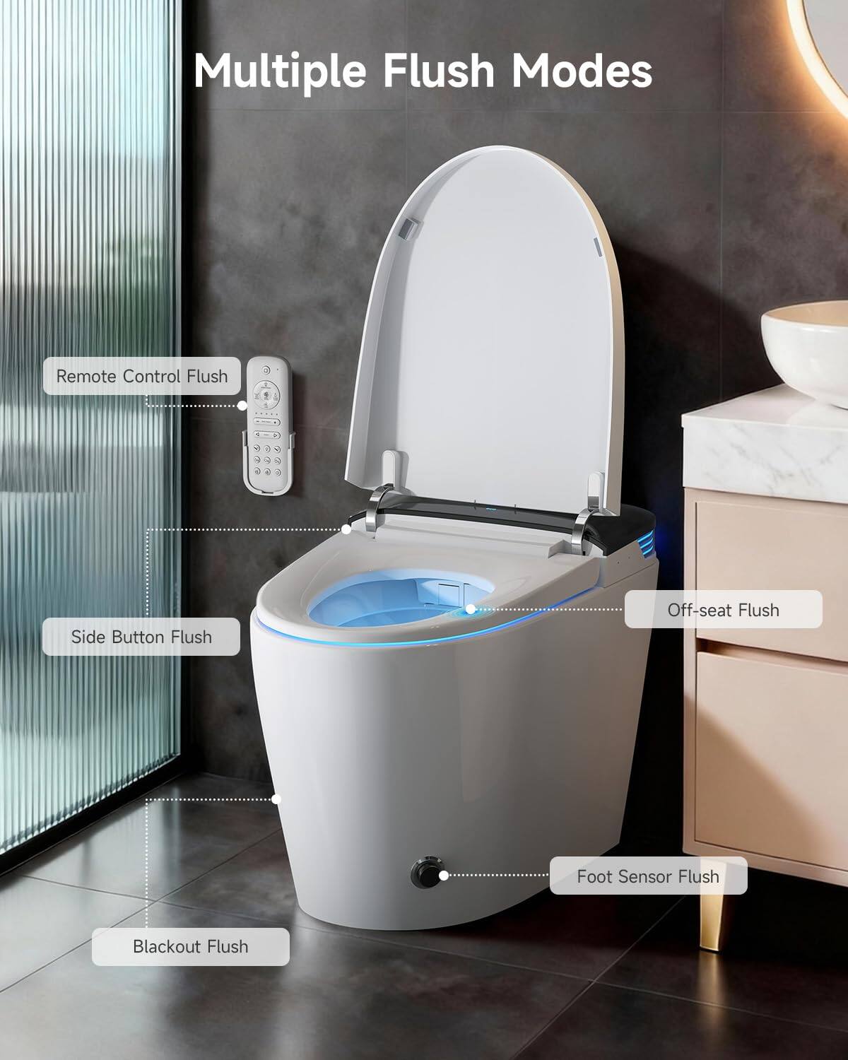 Multiple Flush Modes

- Remote Control Flush
- Side Button Flush
- Off-seat Flush
- Foot Sensor Flush
- Blackout Flush