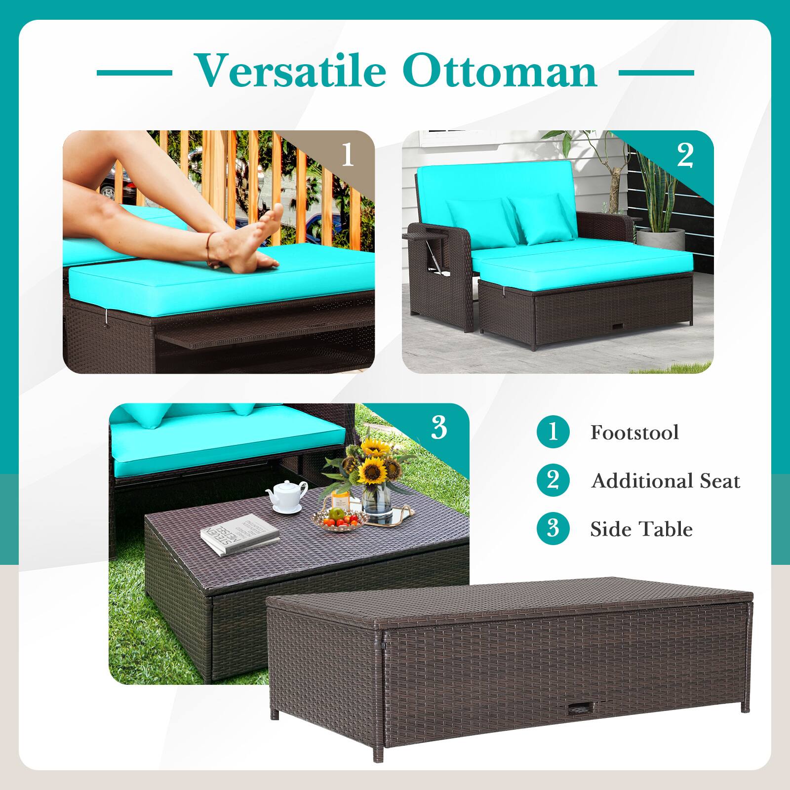 Versatile Ottoman

1. Footstool
2. Additional Seat
3. Side Table