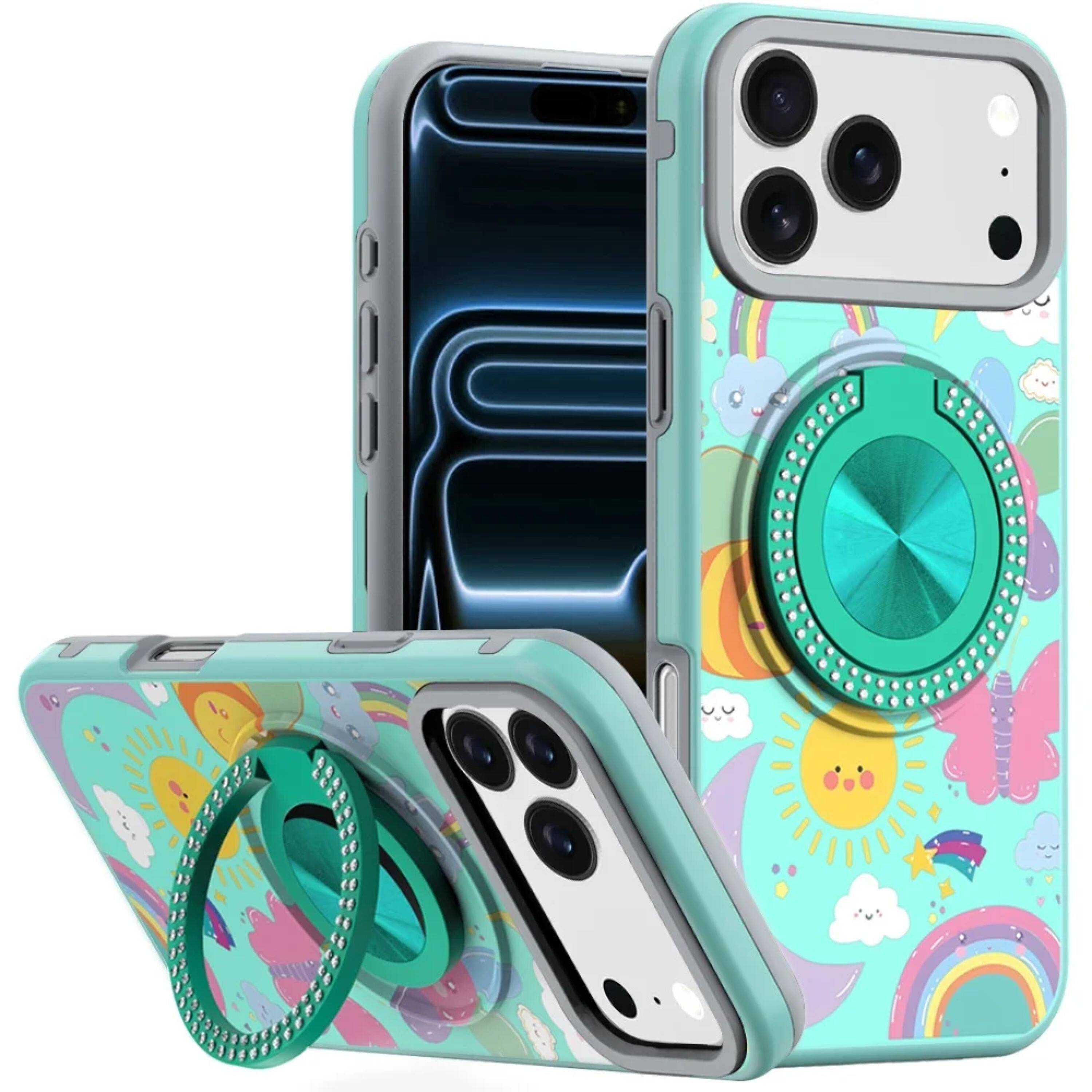 Front. Kitcheniva - Luxury Printed Case With Tempered Glass For iPhone 17 Pro Max Aqua With Celestial Sun Rainbows - Multicolor.