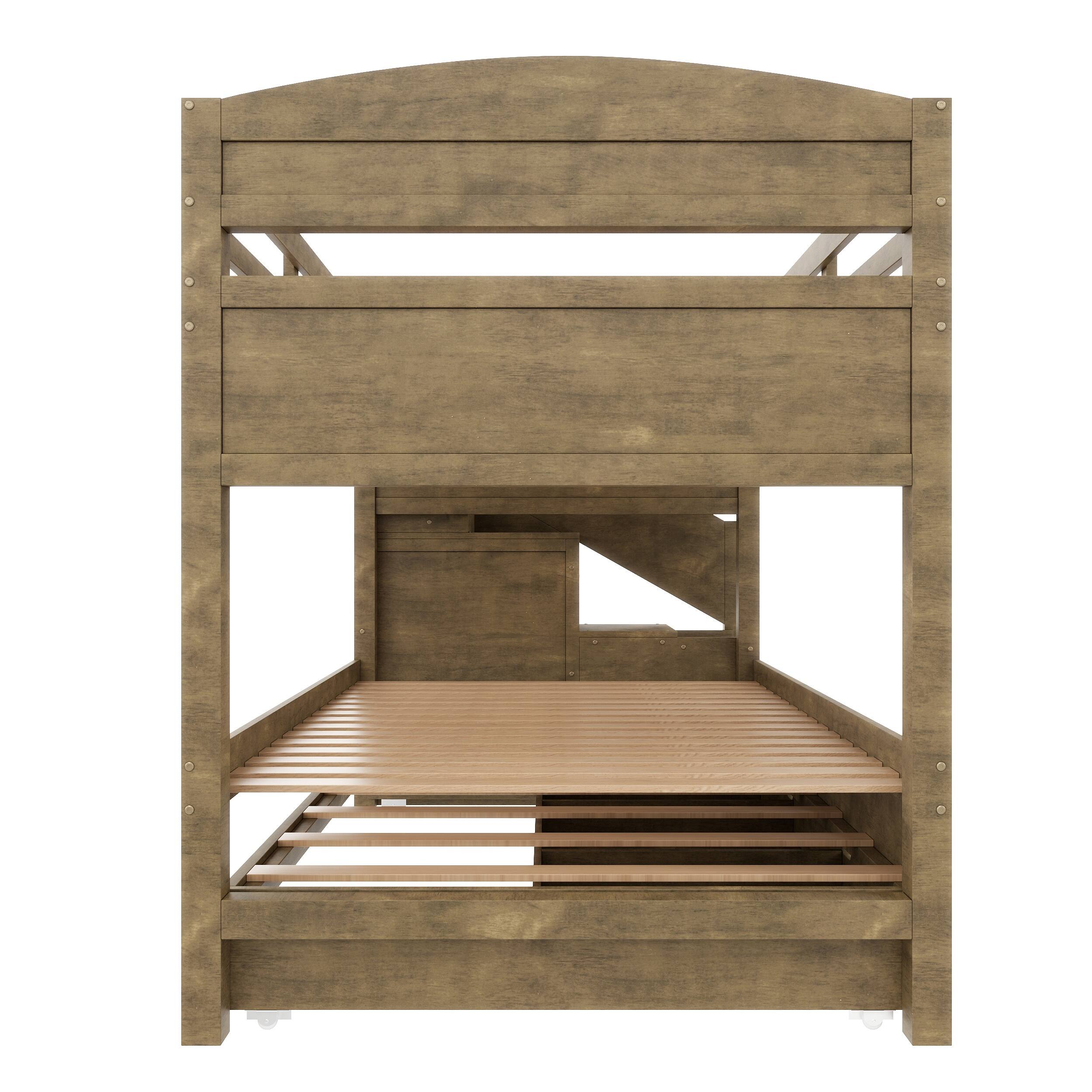 Alt View 2. Whisen - Twin XL over Twin XL Bunk Bed with Trundle, Storage Staircase, Wardrobe and 3 Drawers - Walnut.