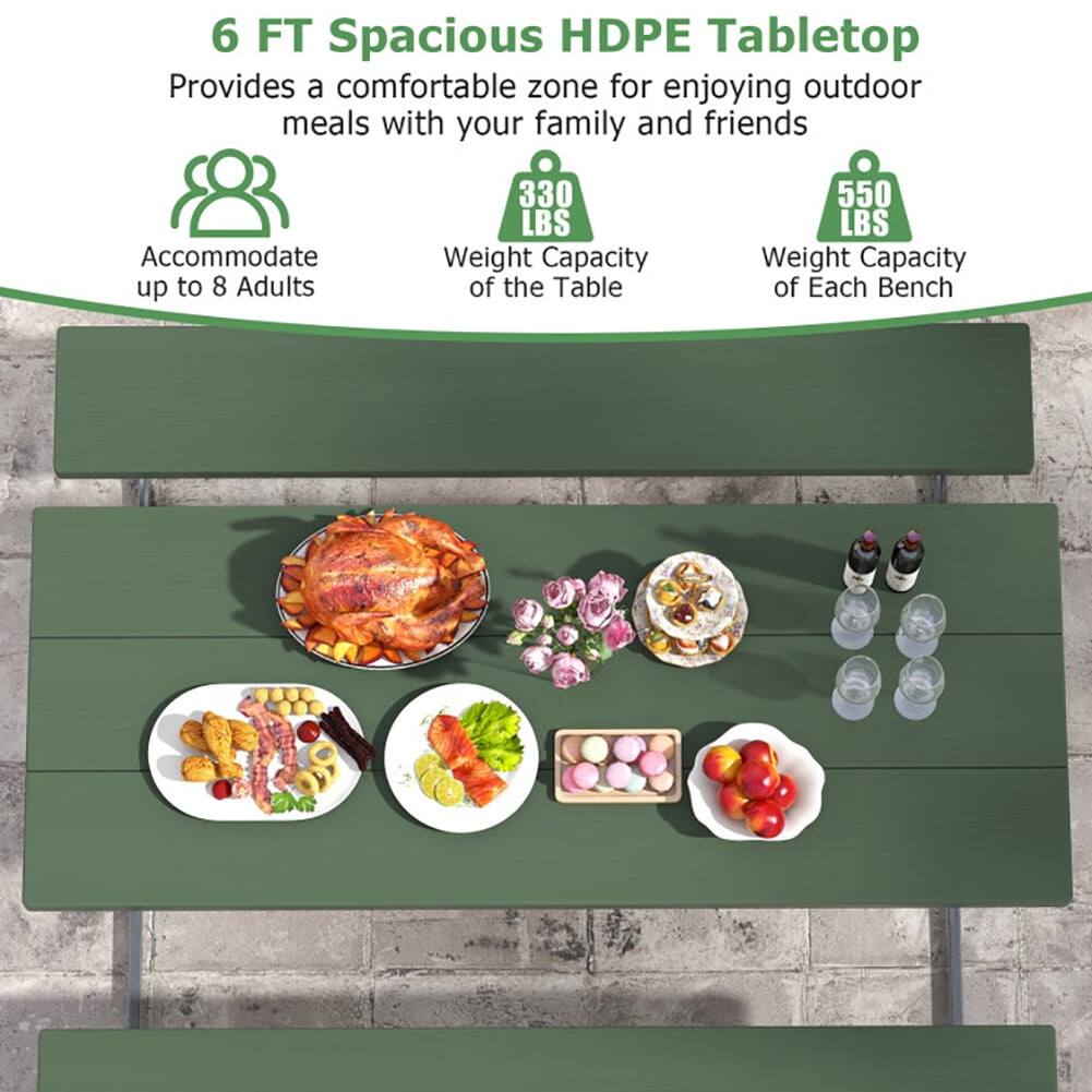 6 FT Spacious HDPE Tabletop  
Provides a comfortable zone for enjoying outdoor meals with your family and friends  

- Accommodate up to 8 Adults  
- 330 LBS Weight Capacity of the Table  
- 550 LBS Weight Capacity of Each Bench