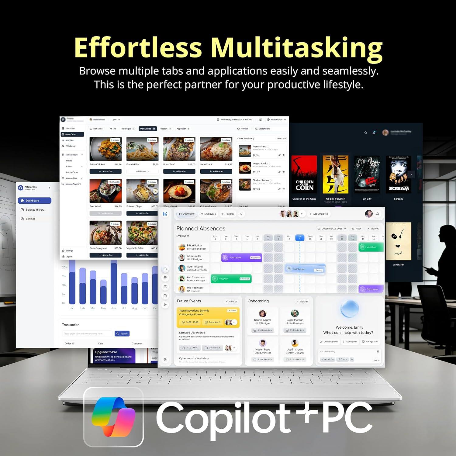 Effortless Multitasking  
Browse multiple tabs and applications easily and seamlessly.  
This is the perfect partner for your productive lifestyle.

sunsury  
A  
leversages  
VINOCONTA  
C  
: Institions  
MenyChier Instyam  
OrderSonmary  
#  
Peoction  
VeragerSalk  

1  
looks  
InterChicken  
$22.8K FreadWed  
$2.50 Reddital  
Save SaudWirsst  
$21,55  
ReguRal  
funningdrate  
ADDVOMICIO  
HELL  
A  
Affilatoes  
RevegelSch Resgetwer  
CHILDREN CORN  
SCREAM  
Dashboard Eslance/Natory Settings  
sureabad  
- Ramand/Chips - AllifeCal  
- Cheese Blained Cholismi it Injoyes  
$57.85 lays  
Chicken the Corn Volume THDY Add Imployee  
Chy  
Scream  
Planned Absences  
Carember 5 2021  
Empoyees  
to  
A  
Xtip 20k  
no Blognese 04.03 Vegetable Salad litat ANILCHE  
