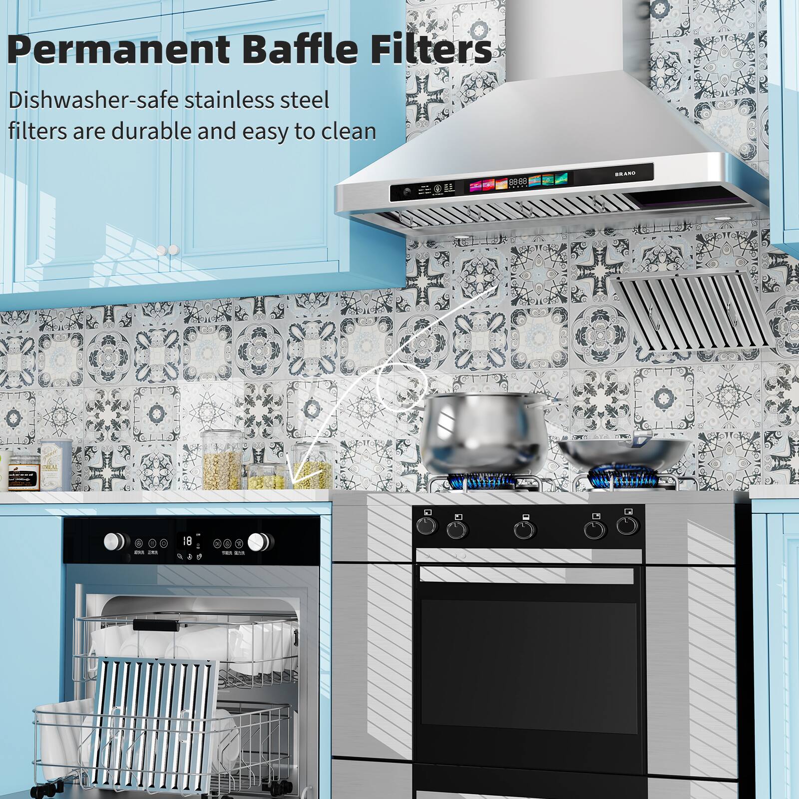 Permanent Baffle Filters  
Dishwasher-safe stainless steel filters are durable and easy to clean