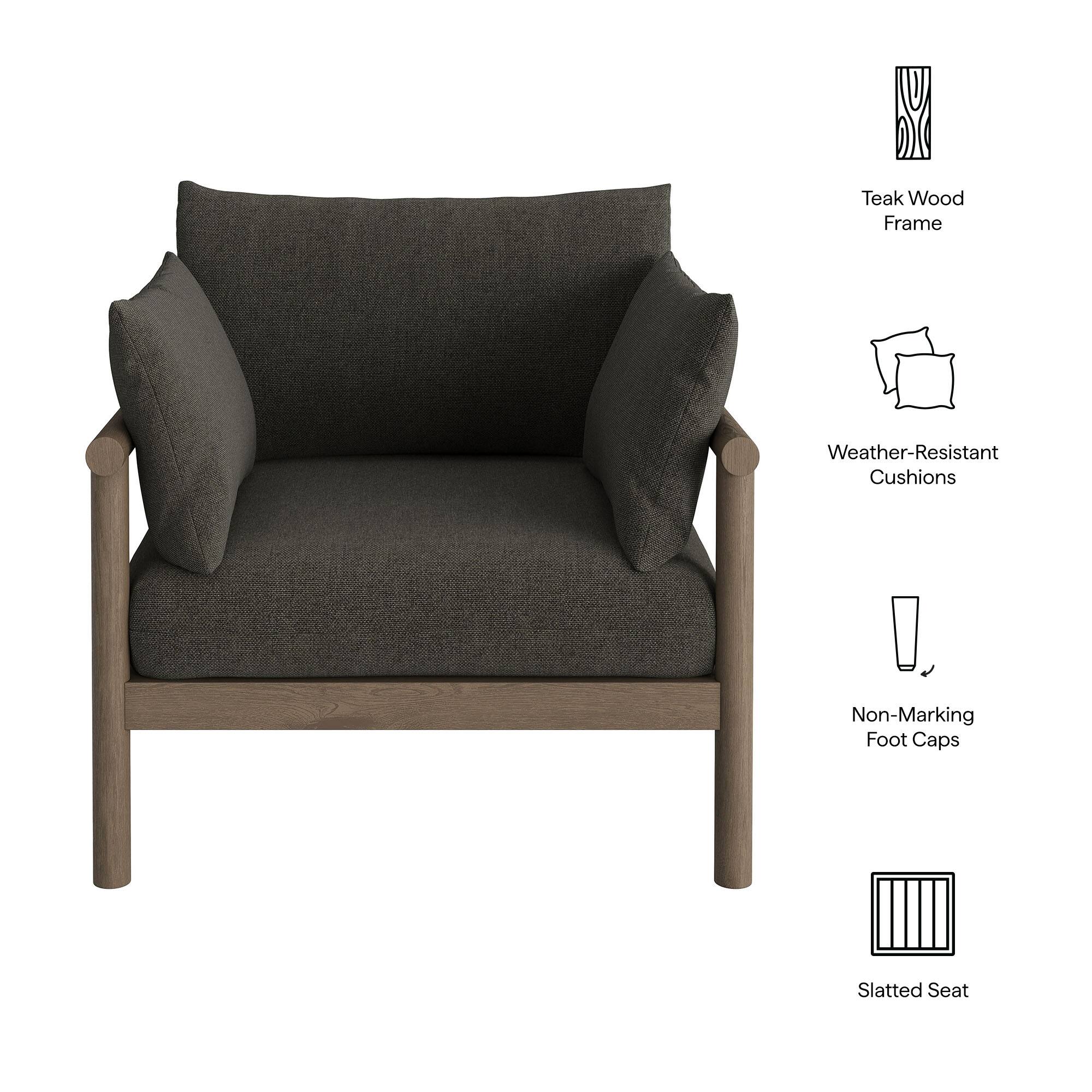 Teak Wood Frame  
Weather-Resistant Cushions  
Non-Marking Foot Caps  
Slatted Seat