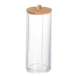 Elle - Acrylic Cotton Ball Holder with Bamboo Lid, Clear Makeup & Cotton Storage Organizer for Vanity & Bathroom Countertop - Clear/Natural Bamboo