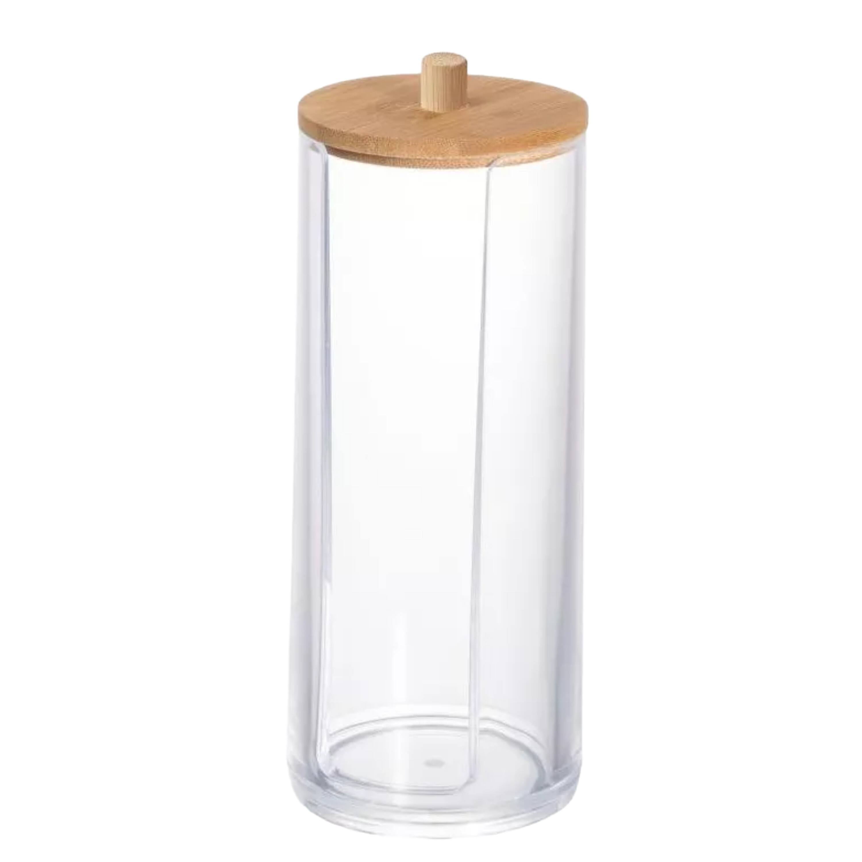 Front. Elle - Acrylic Cotton Ball Holder with Bamboo Lid, Clear Makeup & Cotton Storage Organizer for Vanity & Bathroom Countertop - Clear/Natural Bamboo.