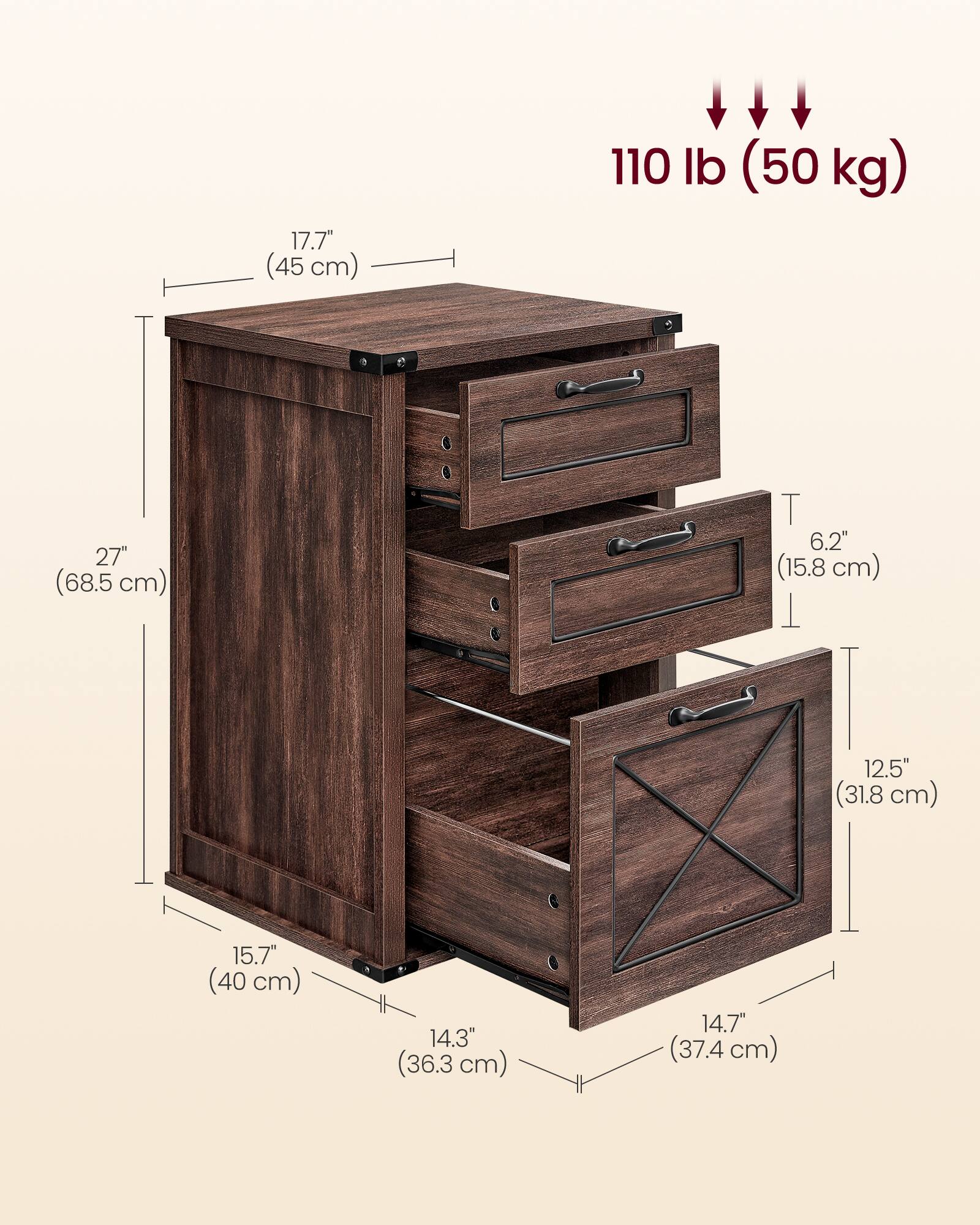 17.7" (45 cm)  
110 lb (50 kg)  
27" (68.5 cm)  
6.2" (15.8 cm)  
12.5" (31.8 cm)  
15.7" (40 cm)  
14.3" (36.3 cm)  
14.7" (37.4 cm)