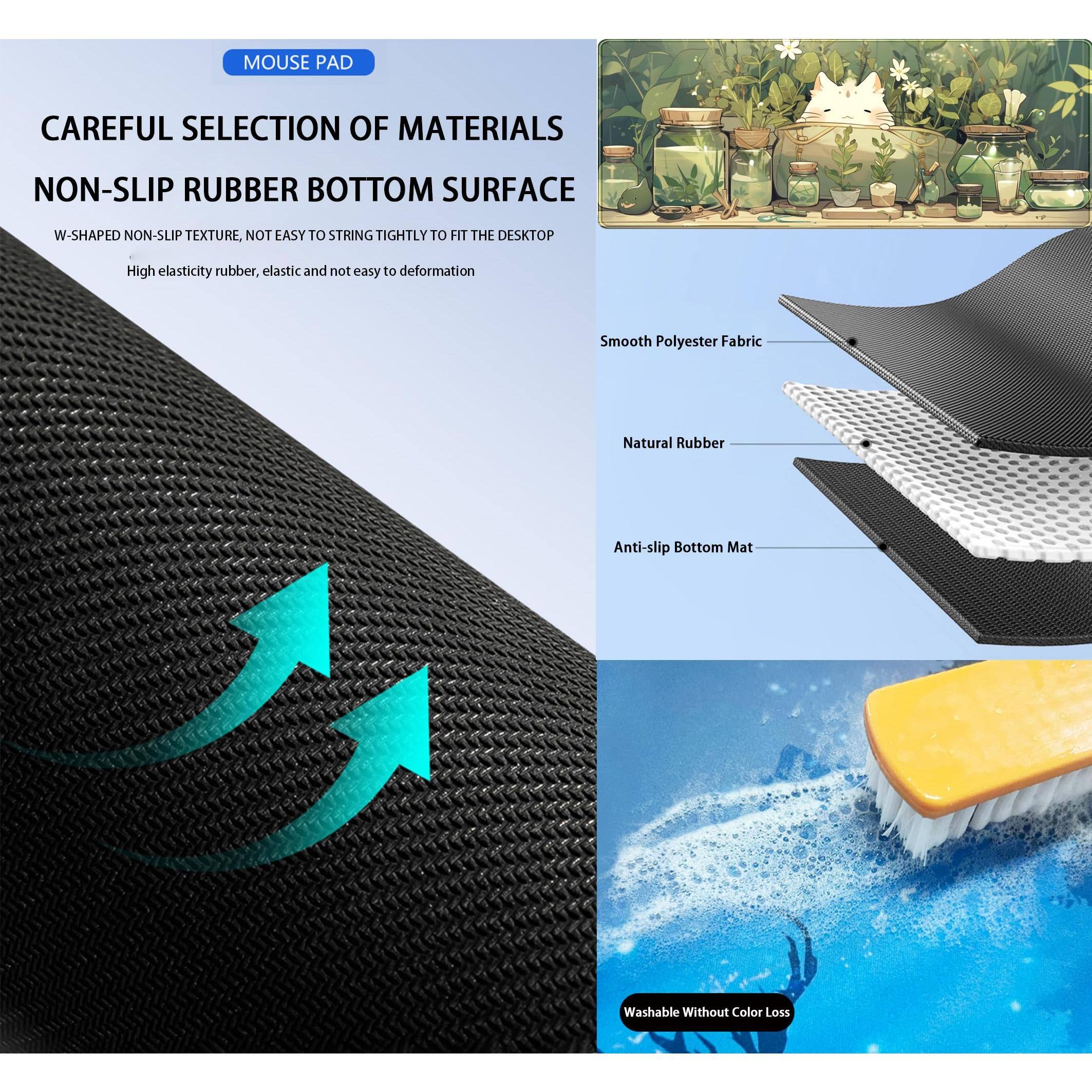 MOUSE PAD

CAREFUL SELECTION OF MATERIALS

NON-SLIP RUBBER BOTTOM SURFACE

W-SHAPED NON-SLIP TEXTURE, NOT EASY TO STRING TIGHTLY TO FIT THE DESKTOP

High elasticity rubber, elastic and not easy to deformation

Smooth Polyester Fabric

Natural Rubber

Anti-slip Bottom Mat

Washable Without Color Loss