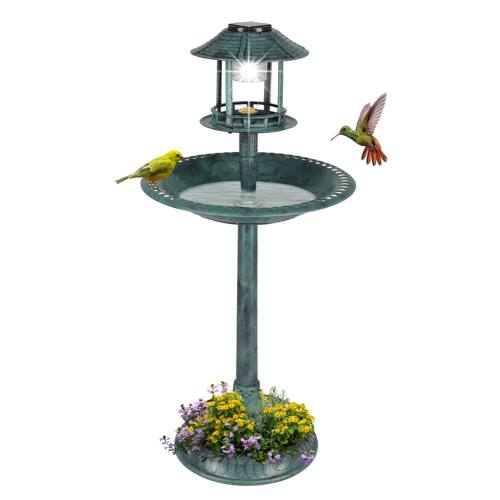 Front. Winado - 42in Resin Pedestal Bird Bath, Feeder Bowl Freestanding with Solar Lamp, Planter Base for Outdoor Garden Yard Decoration - Dark Green.