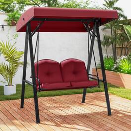 Costway - 2-Person Outdoor Porch Swing Swing Loveseat with A-Shaped Metal Stand - Wine