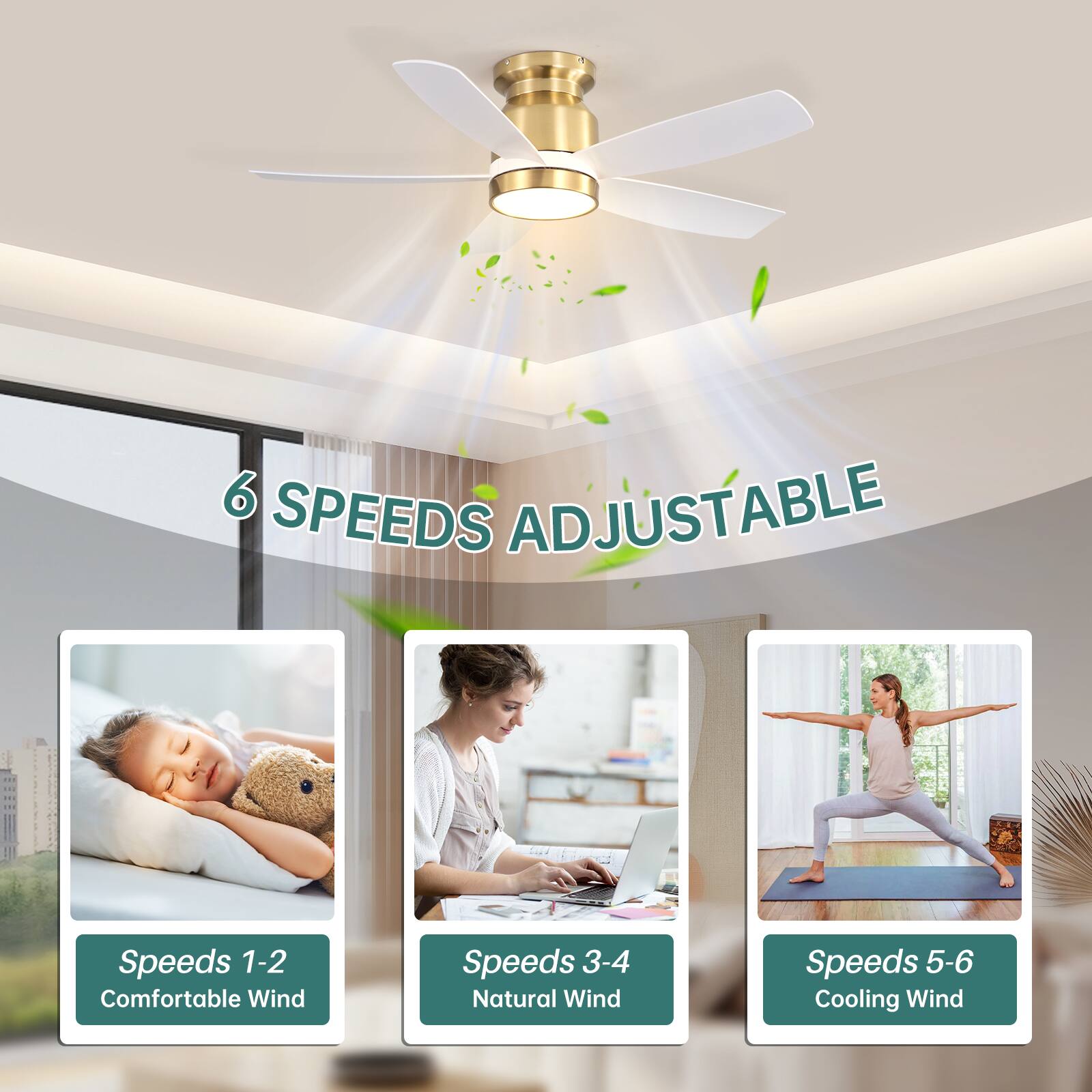 6 SPEEDS ADJUSTABLE

Speeds 1-2: Comfortable Wind  
Speeds 3-4: Natural Wind  
Speeds 5-6: Cooling Wind