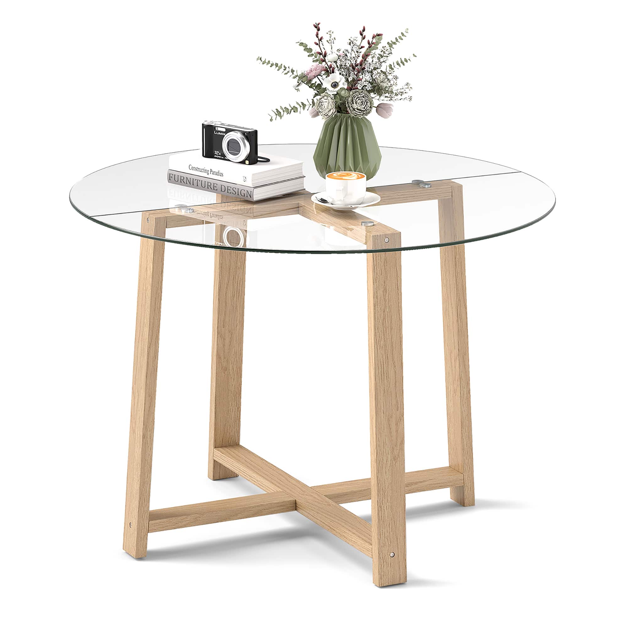Gymax - 42'' Round Glass Dining Table w/ 0.3'' Tempered Glass Tabletop - Transparent, Natural