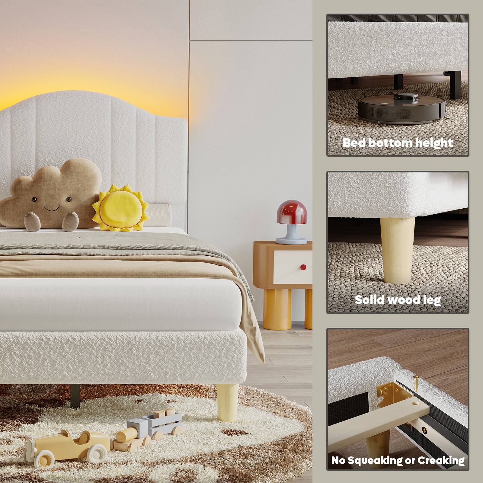 Bed bottom height: The bed has a low profile, which can be seen in the image.
Solid wood leg: The bed frame features a solid wood leg, providing stability and durability.
No Squeaking or Creaking: The bed is designed to minimize noise, ensuring a quiet and comfortable sleeping environment.