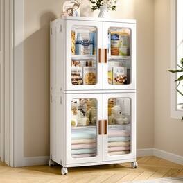 Vecelo - Storage Cabinet With Wheels, Magnetic 4 Doors, Adjustable Shelf, Tool-Free Assembly Organizer - White