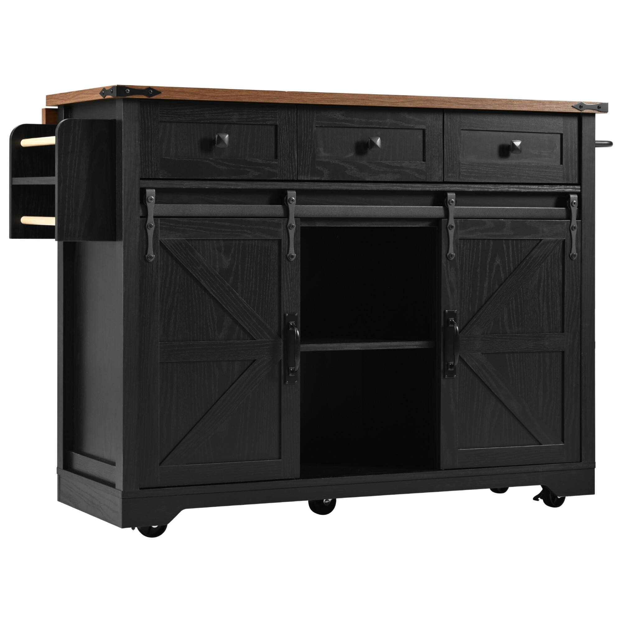 Alt View 8. ELEMENT ACE - Farmhouse Kitchen Island with Power Outlet, Drop Leaf, and Sliding Barn Doors for Versatile Storage - Black.
