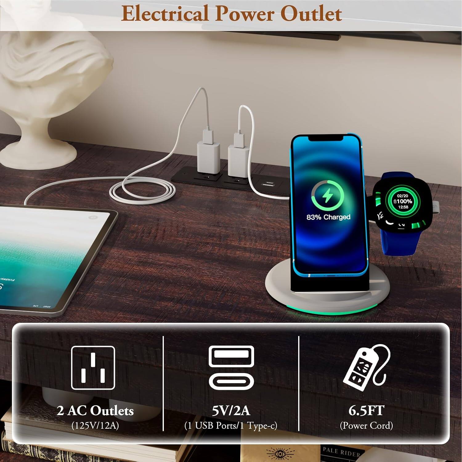 Electrical Power Outlet

83% Charged

02/20 8100% 12:58

Friday, 6

2 AC Outlets (125V/12A)

5V/2A (1 USB Ports/1 Type-C)

6.5FT (Power Cord)

PALE RIDER