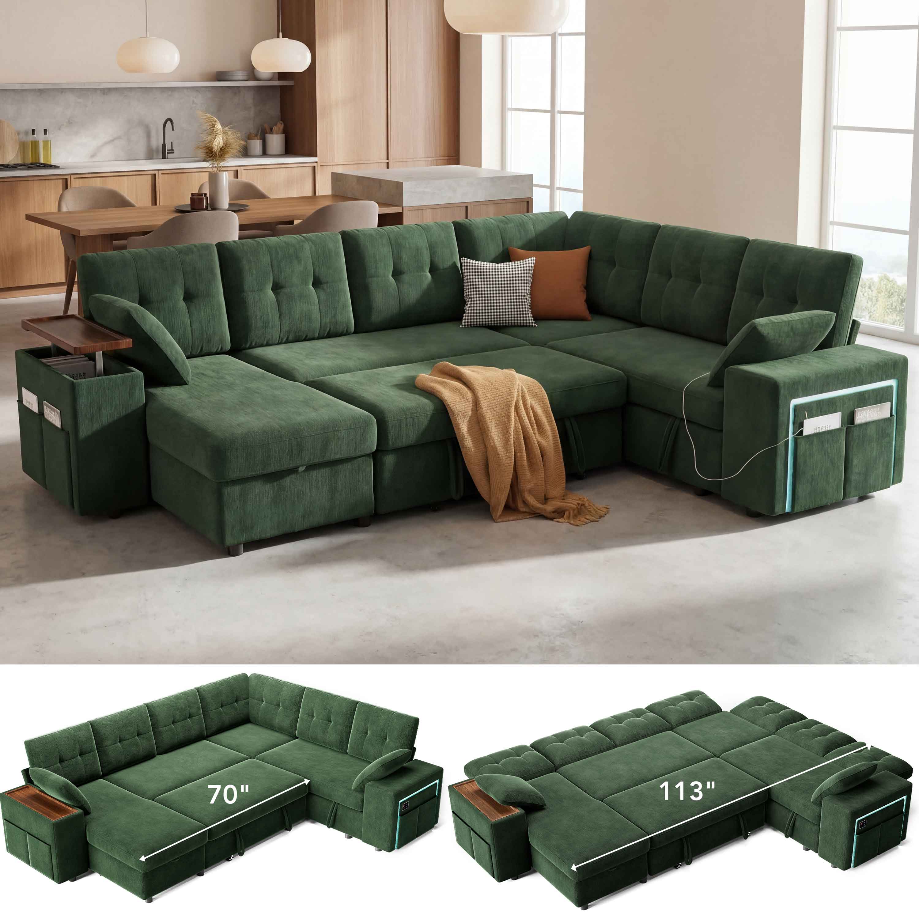 Dyonery - 7-Seat Modular Sectional Sleeper Sofa with Pull-Out Bed, Reclining Backrest, USB Ports, Table, LED Lights,Green - Green