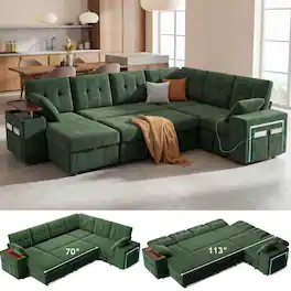 Dyonery - 7-Seat Modular Sectional Sleeper Sofa with Pull-Out Bed, Reclining Backrest, USB Ports, Table, LED Lights,Green - Green