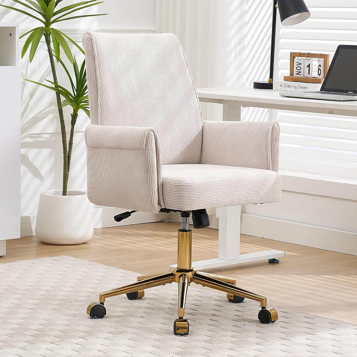 Trinkets Crazed - Stripes Velvet 360°Swivel Desk Chair, Modern Height Adjustable Home Office Armchair with Gold Base and Wheels - White