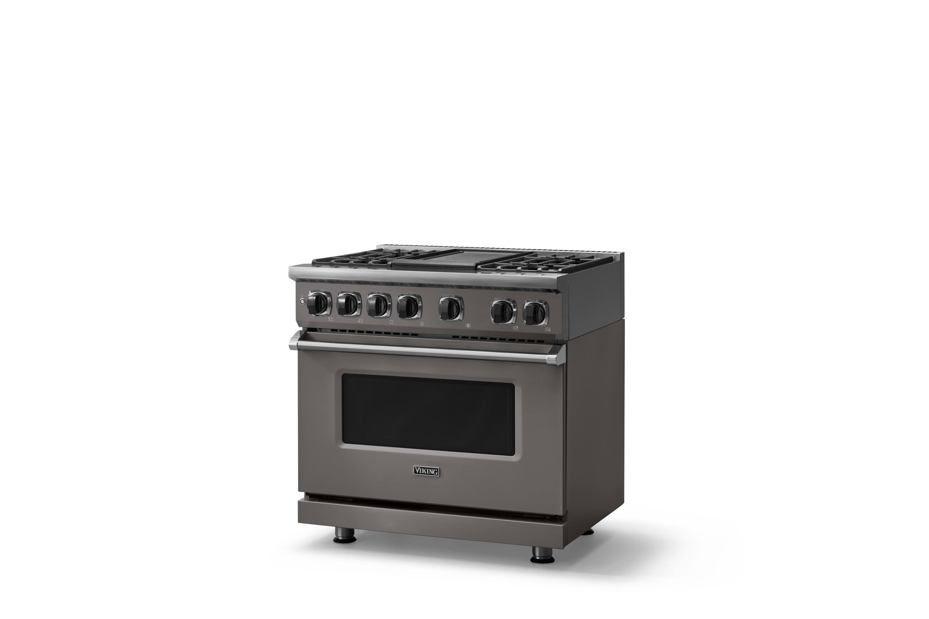 Angle. Viking - 36 in. Wide 4 Burner Freestanding 7 Series Dual Fuel Self-Clean Range - Damascus Gray.