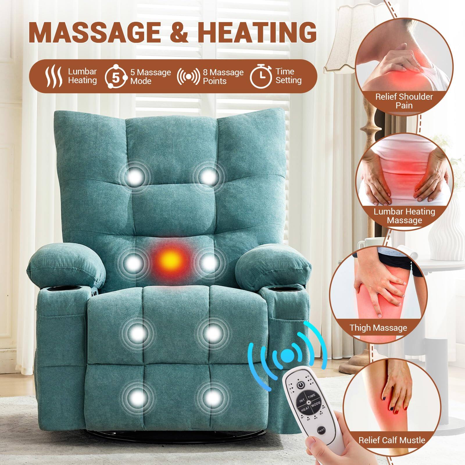 MASSAGE & HEATING

- Lumbar Heating
- 5 Massage Mode
- 8 Massage Points
- Time Setting

Relief Shoulder Pain  
Lumbar Heating Massage  
Thigh Massage  
Relief Calf Muscle