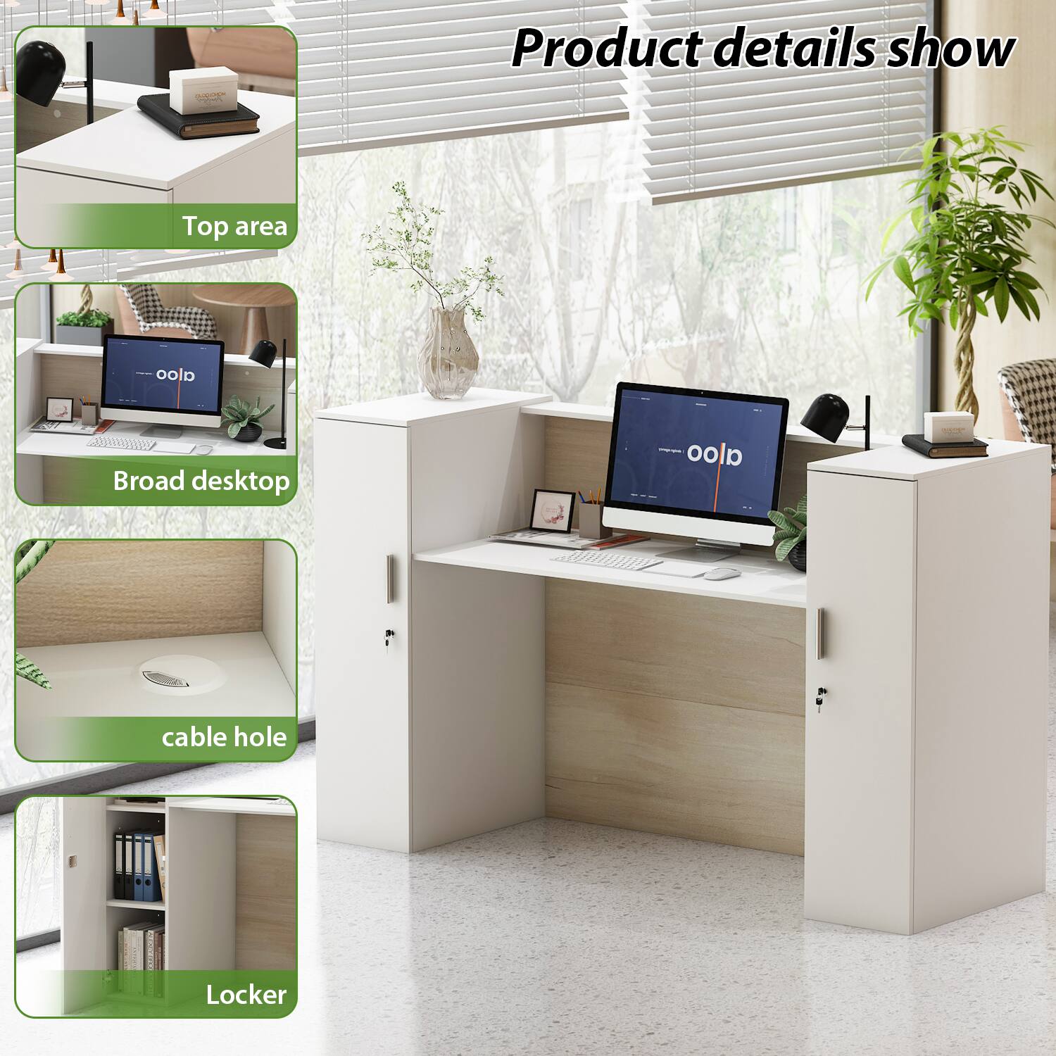 Product details show | Top area | Broad desktop | cable hole | Locker