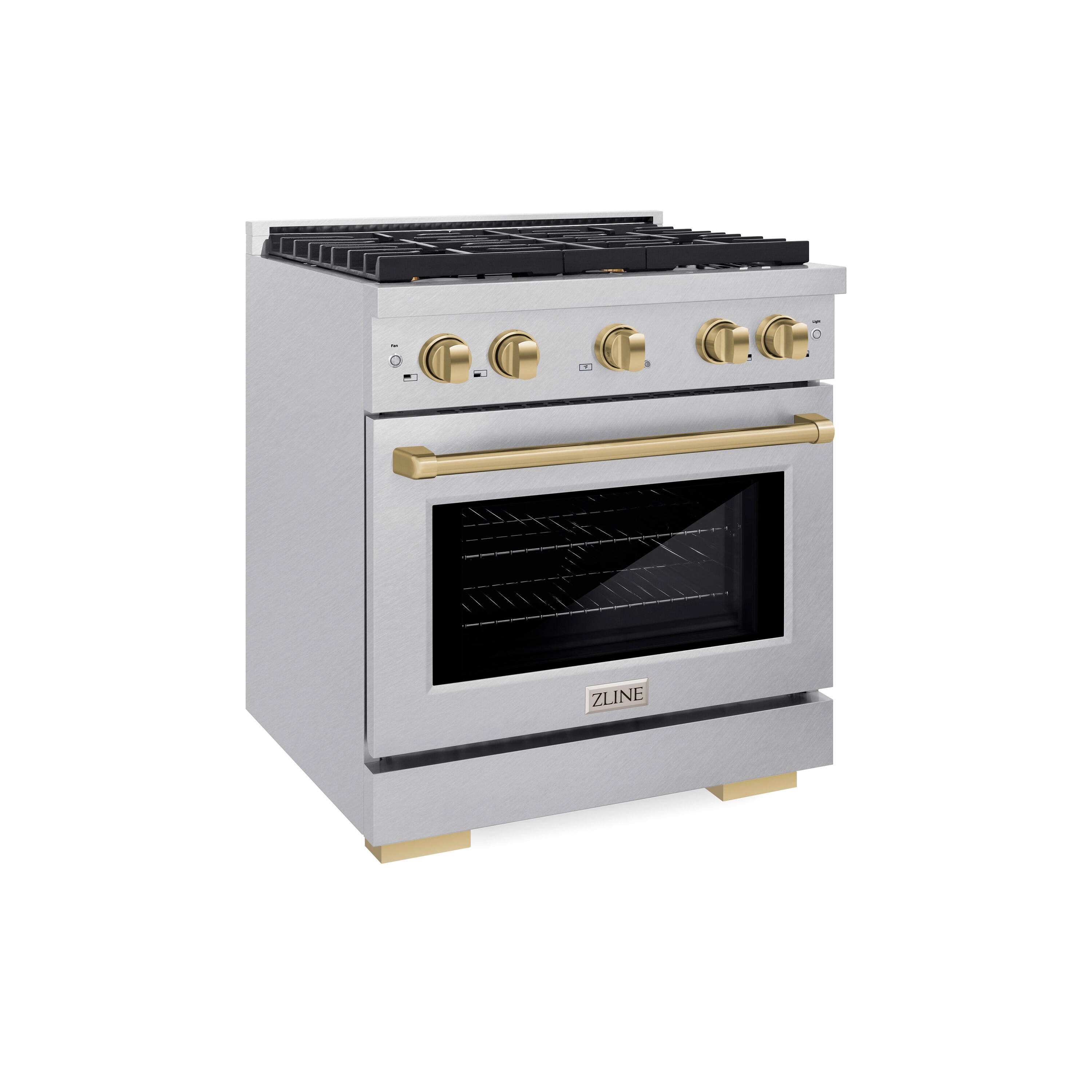 Left. ZLINE - ZLINE Autograph 30 in. Paramount Satin Steel Gas Range w/ 4 Burners & Bronze Accents (SGRSZ-30-CB) - Stainless Steel.