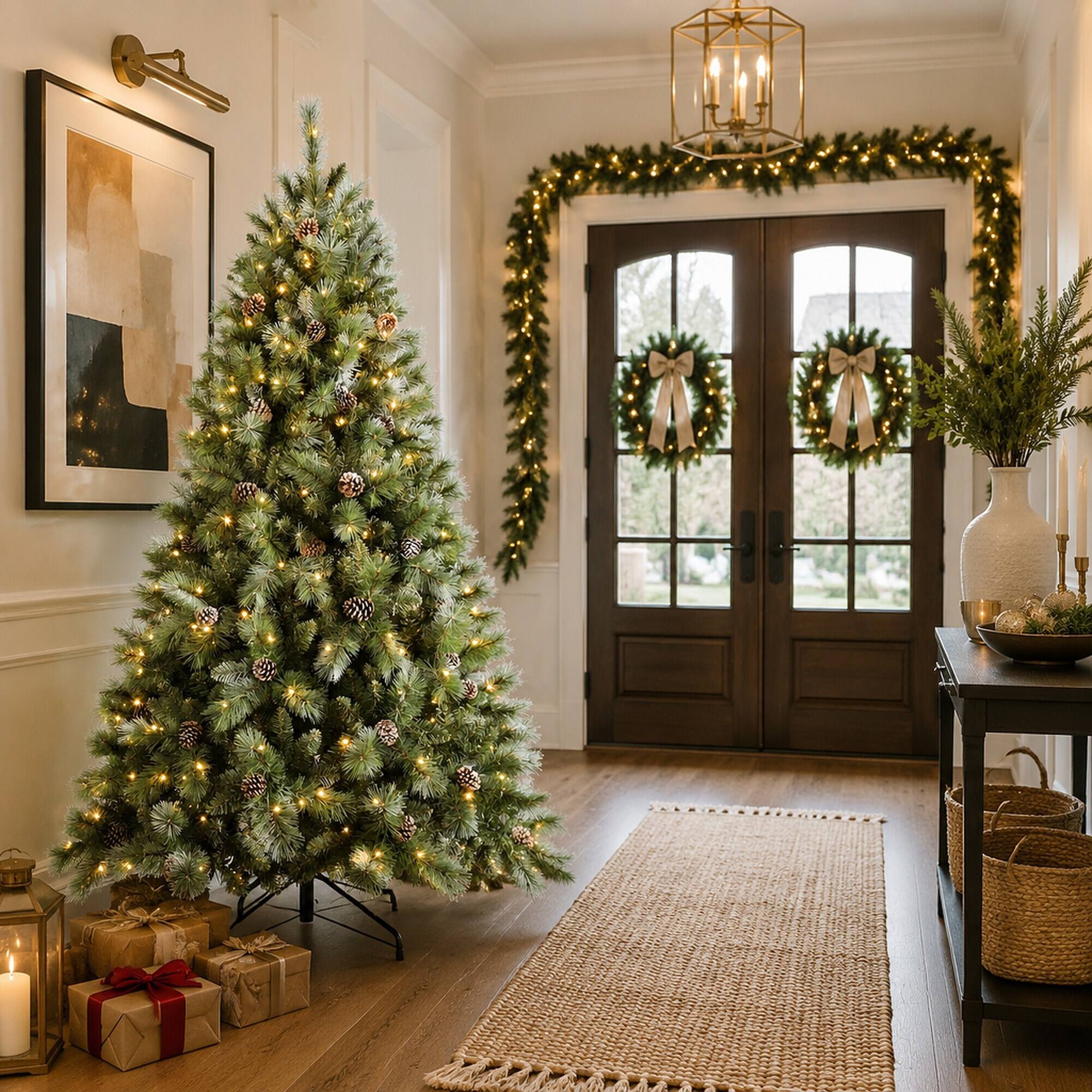 Alt View 2. RYHNUYNE - 5FT Pre-Lit Christmas Tree, 200 Warm White LED Lights 694 PVC Hard Needle Tips 51 Pine Cones Hinged Branch Metal Stand - Green.