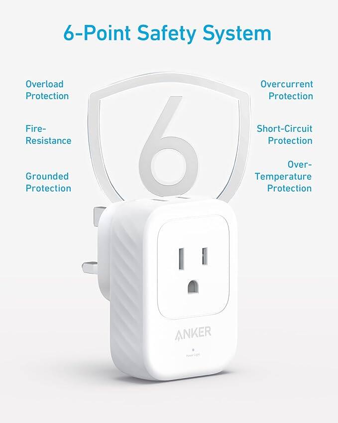 6-Point Safety System

- Overload Protection
- Fire-Resistance
- Grounded Protection
- Overcurrent Protection
- Short-Circuit Protection
- Over-Temperature Protection

ANKER