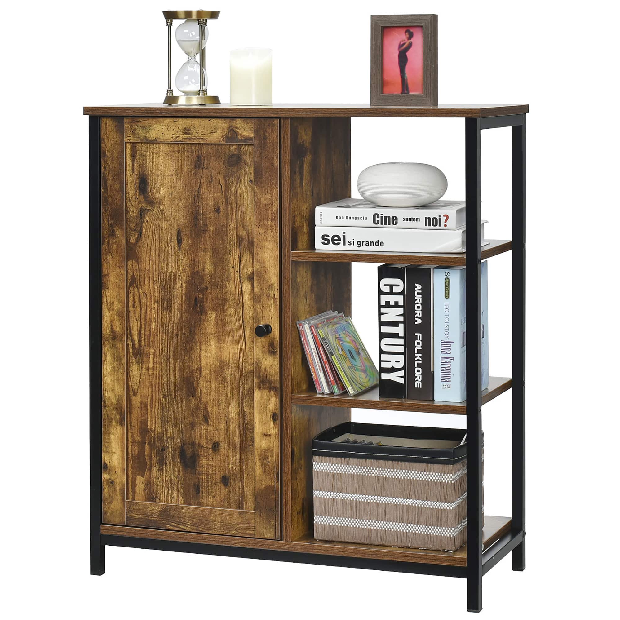 Costway - Storage Cabinet Multipurpose Freestanding Cupboard w/3 Open Shelf & Door - Brown