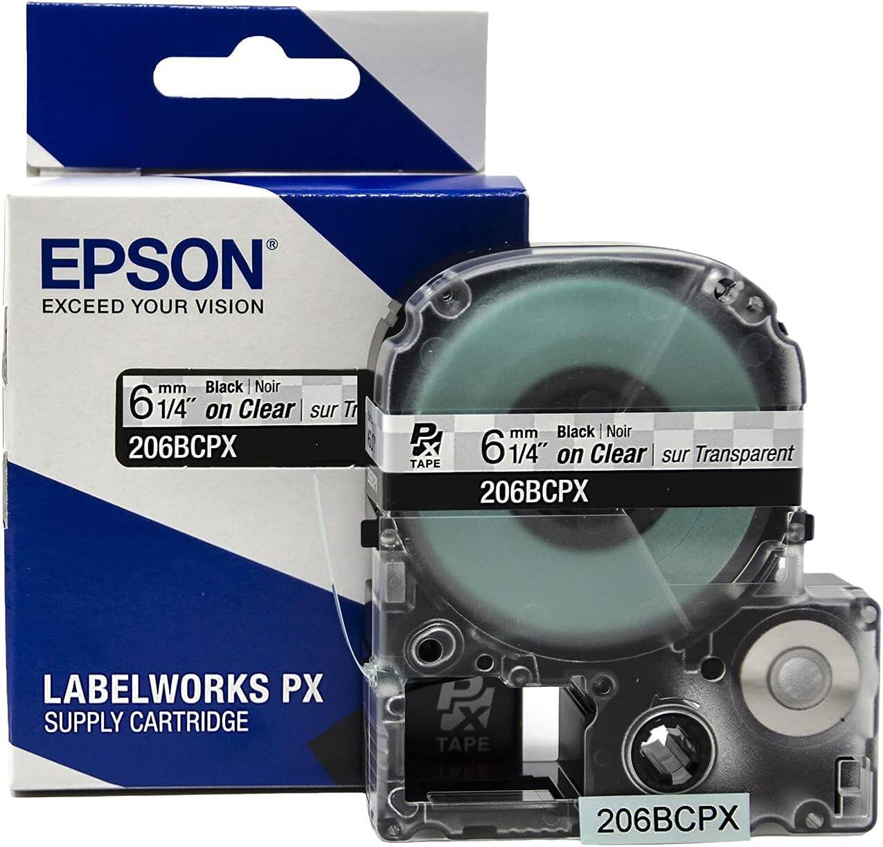 EPSON  
EXCEED YOUR VISION  

6 mm Black | Noir  
6 1/4" on Clear | sur Transparent  

206BCPX  

LABELWORKS PX  
SUPPLY CARTRIDGE  

TAPE
